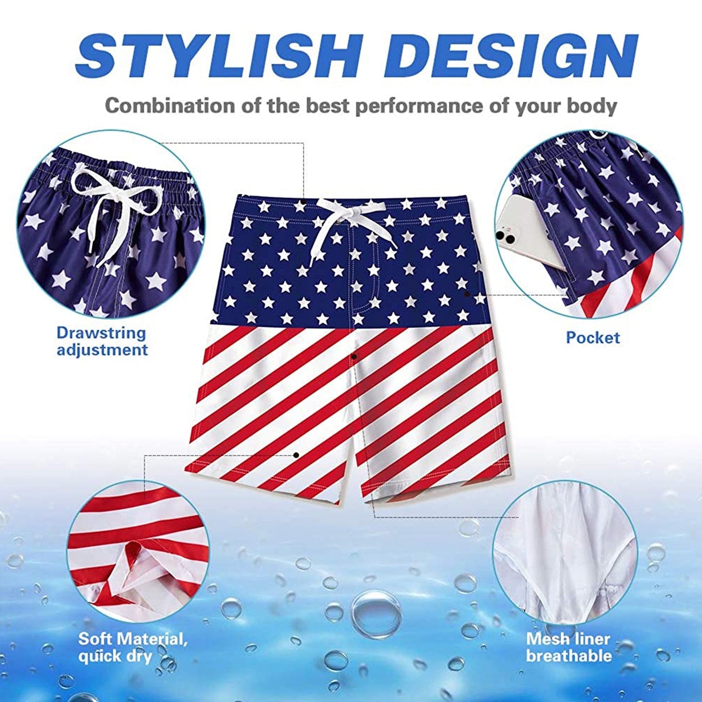 American Flag Funny Boy Swim Trunk