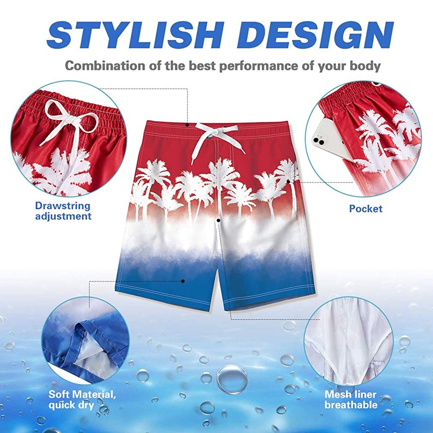 Red White Palm Tree Funny Boy Swim Trunk